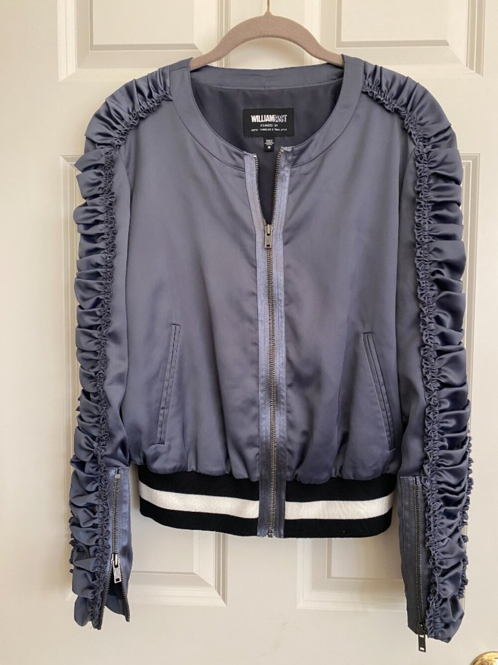 William Rast Moto Zip Jacket Blue Grey Ruched Sleeves Sz M #H
